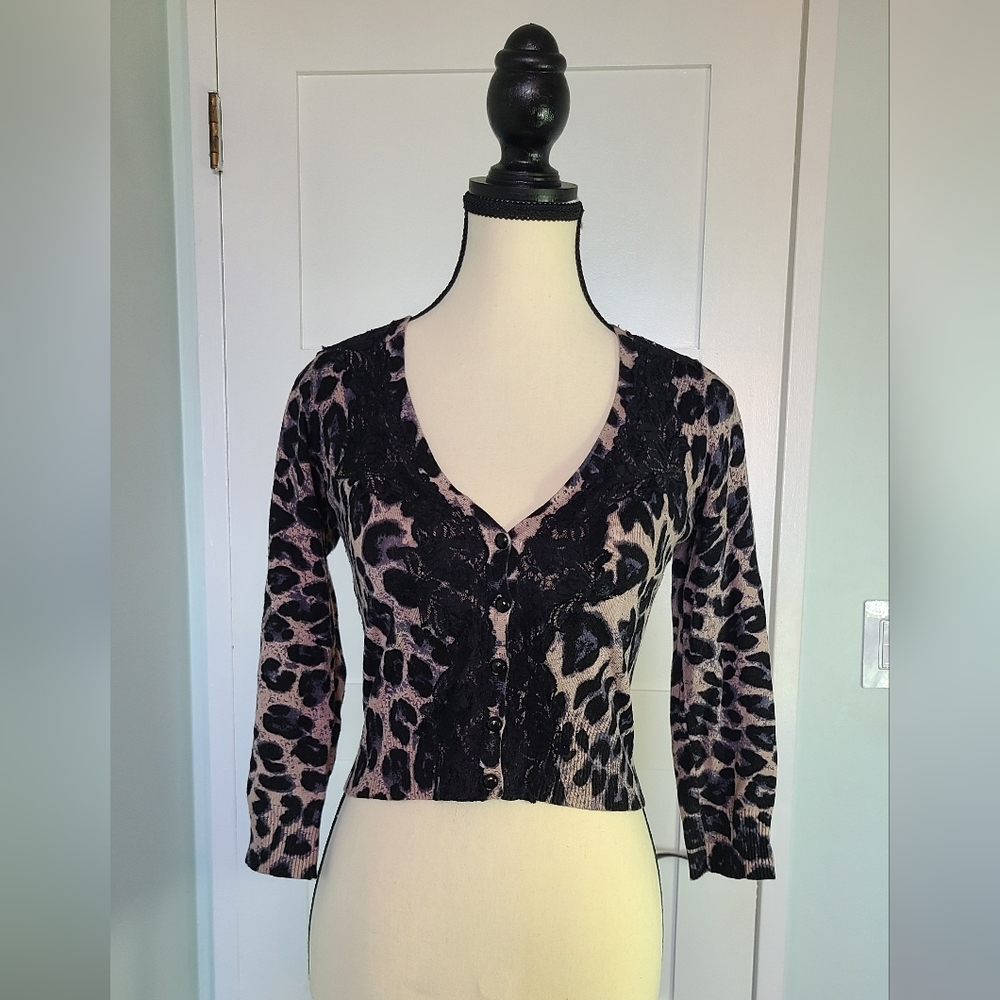 I.N.C. Animal Print Cropped Cardigan With Lace Detailing